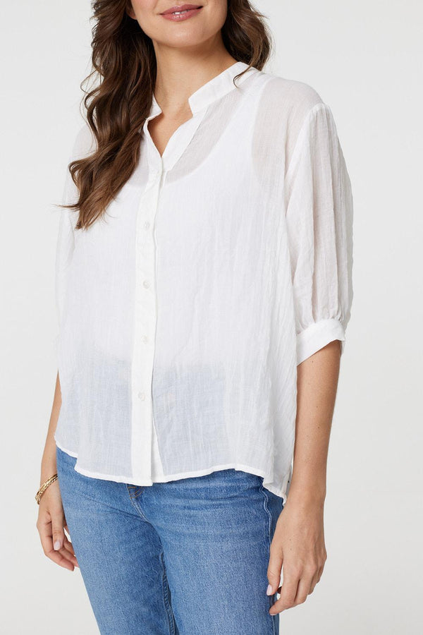 White | Collarless Button Back 3/4 Sleeve Blouse