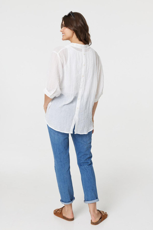 White | Collarless Button Back 3/4 Sleeve Blouse