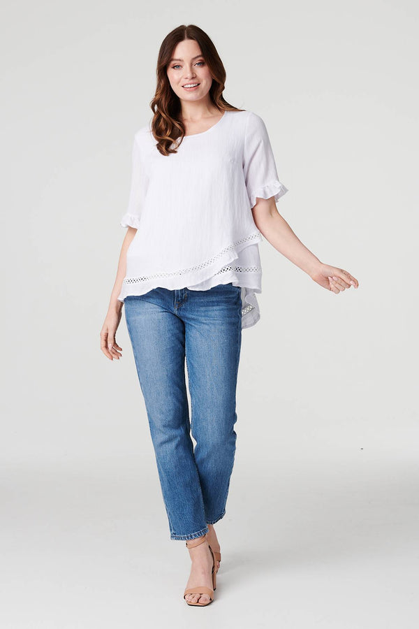 White | Plain 1/2 Sleeve Layered Blouse : Model is 5'9"/175 cm and wears UK8/EU36/US4/AUS8