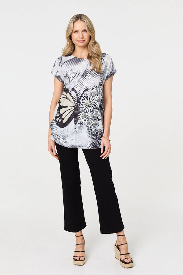 Grey | Butterfly Print Short Sleeve Tunic Top
