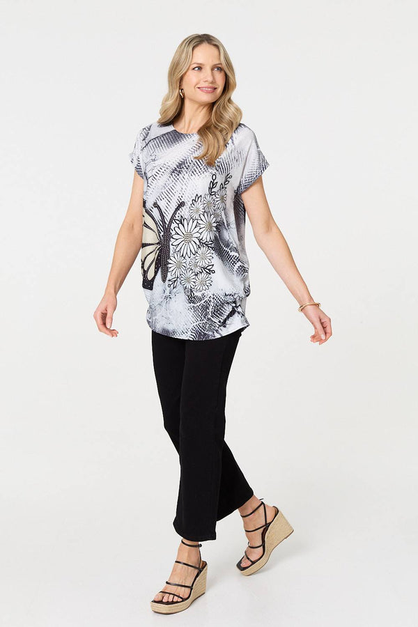 Grey | Butterfly Print Short Sleeve Tunic Top
