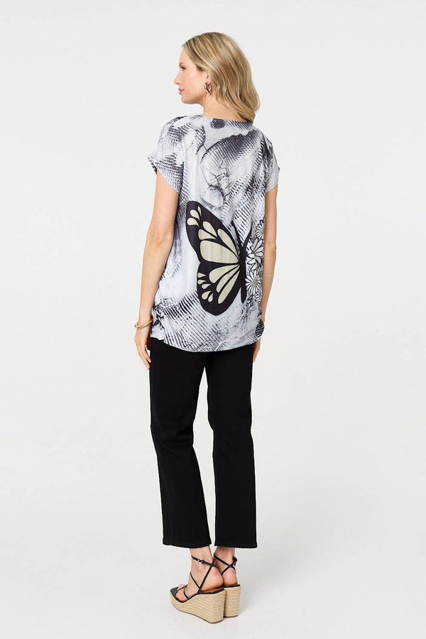 Grey | Butterfly Print Short Sleeve Tunic Top
