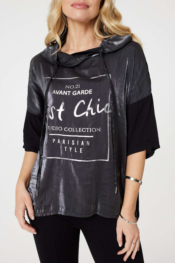 Black | Metallic Logo Print Hooded Top