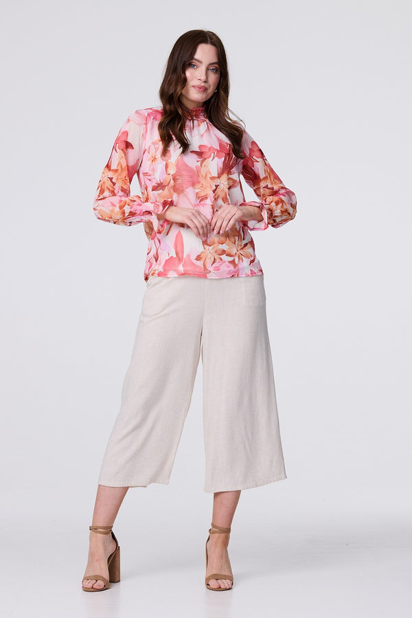 Pink | Floral Shirred High Neck Blouse