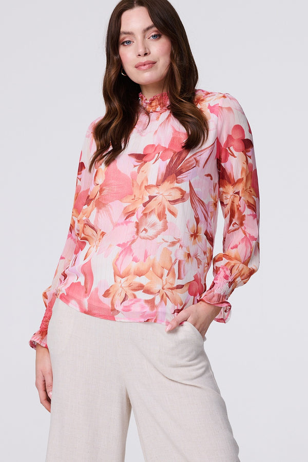 Pink | Floral Shirred High Neck Blouse