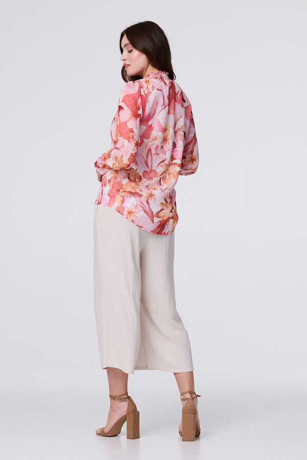 Pink | Floral Shirred High Neck Blouse