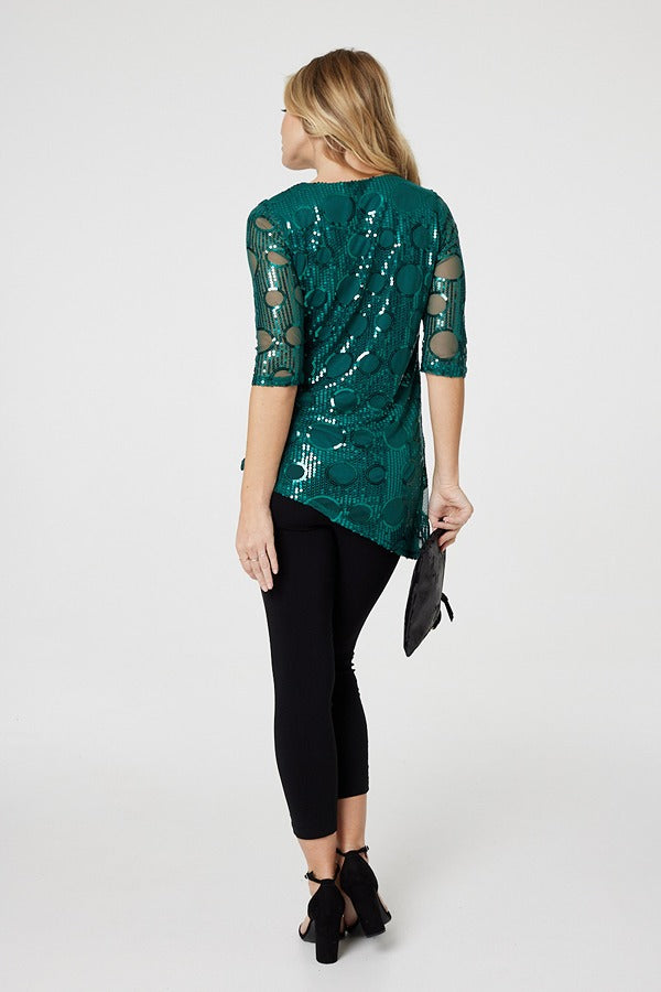 Green | Sequin Polka Dot Asymmetric Top