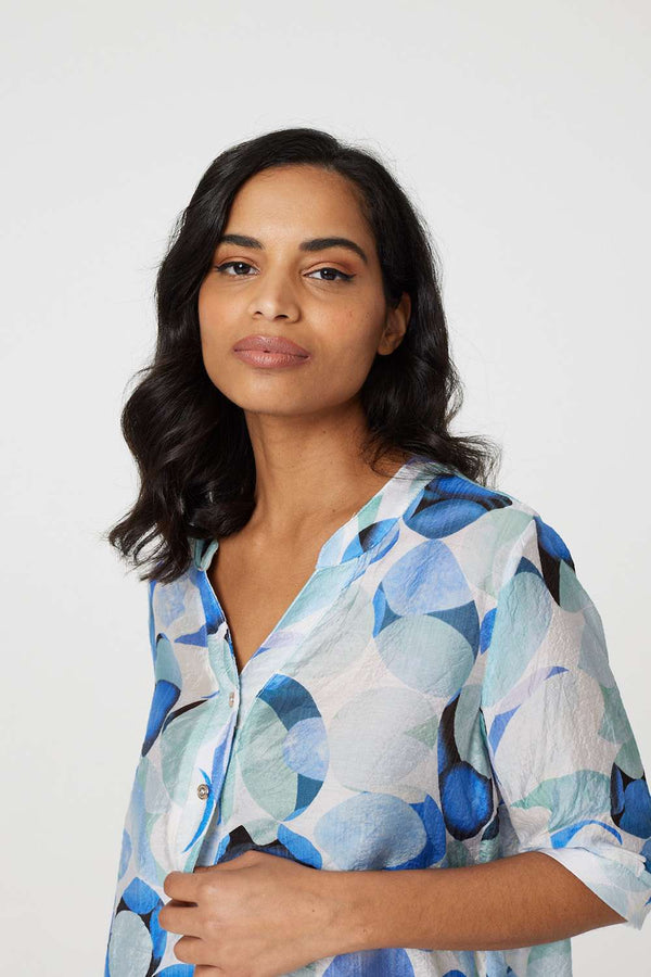 Blue | Printed 1/2 Sleeve Curve Hem Blouse