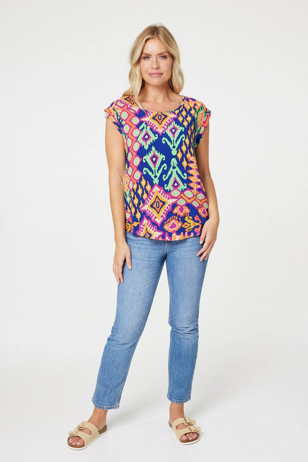 Purple | Ikat Print Turn Up Sleeve Top