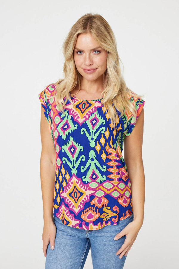 Purple | Ikat Print Turn Up Sleeve Top