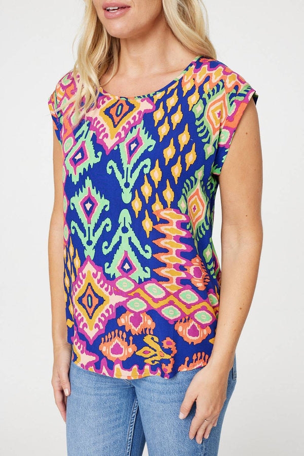 Purple | Ikat Print Turn Up Sleeve Top