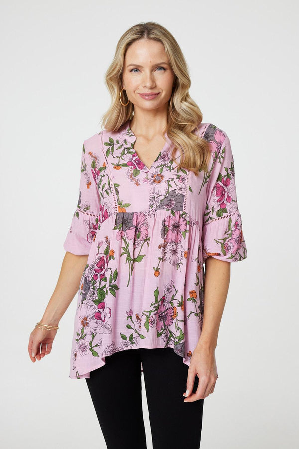 Pink | Floral 3/4 Sleeve Curve Hem Blouse