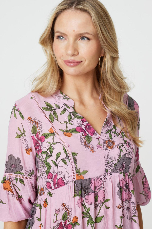 Pink | Floral 3/4 Sleeve Curve Hem Blouse