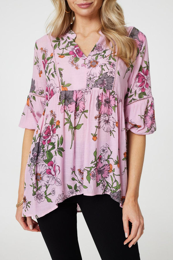 Pink | Floral 3/4 Sleeve Curve Hem Blouse