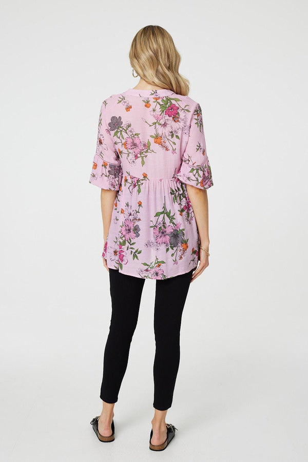 Pink | Floral 3/4 Sleeve Curve Hem Blouse