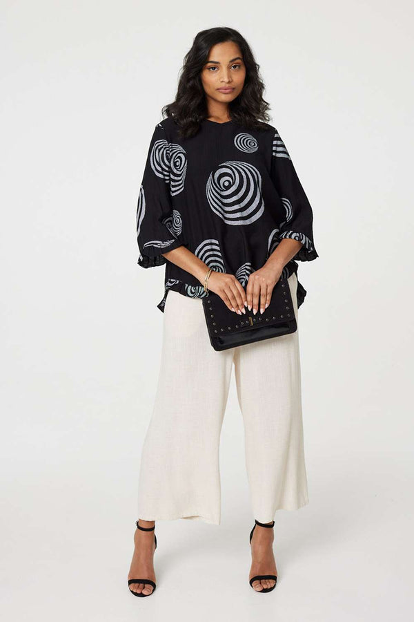 Black | Abstract Print Frill Hem Tunic Top