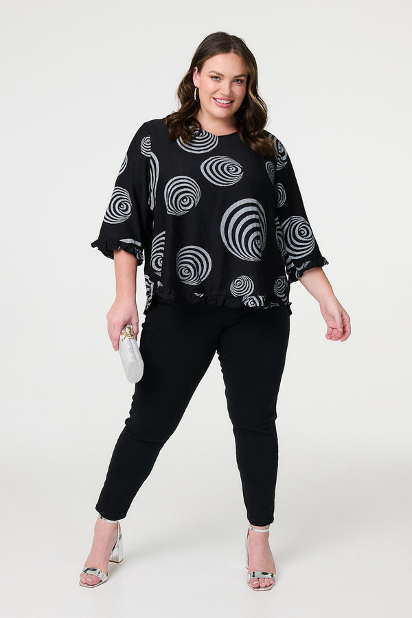 Black | Abstract Print Frill Hem Tunic Top