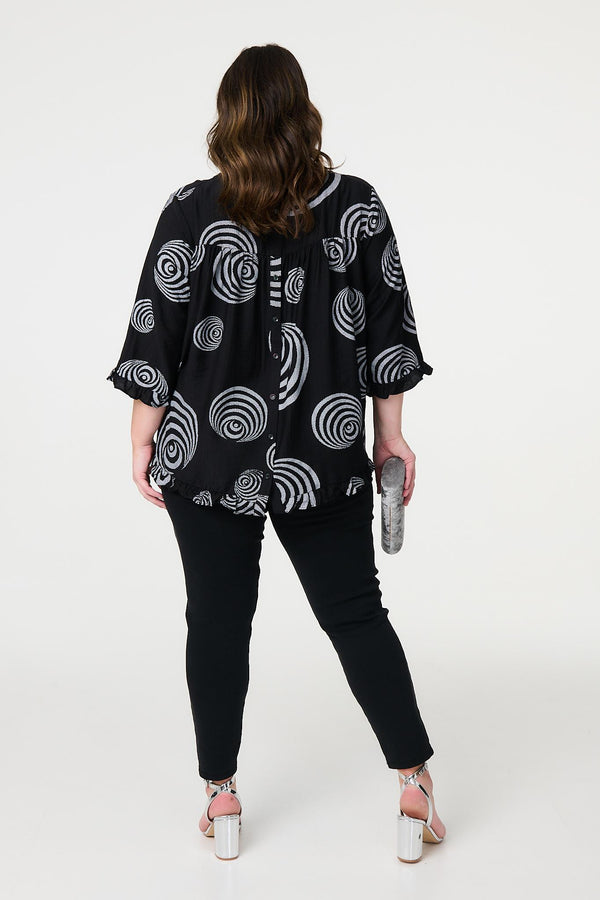 Black | Abstract Print Frill Hem Tunic Top