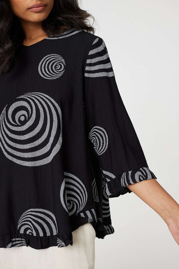 Black | Abstract Print Frill Hem Tunic Top