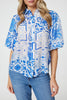 Blue | Patchwork Print 1/2 Puff Sleeve Shirt