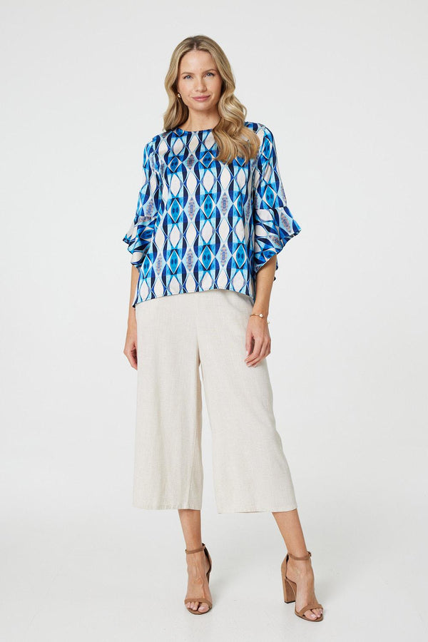 Blue | Geo Print 3/4 Flute Sleeve Curve Hem Blouse