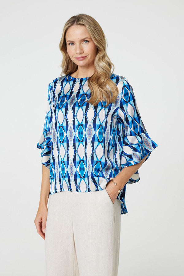 Blue | Geo Print 3/4 Flute Sleeve Curve Hem Blouse