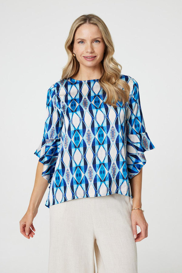 Blue | Geo Print 3/4 Flute Sleeve Curve Hem Blouse