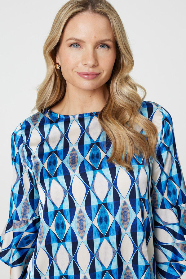 Blue | Geo Print 3/4 Flute Sleeve Curve Hem Blouse