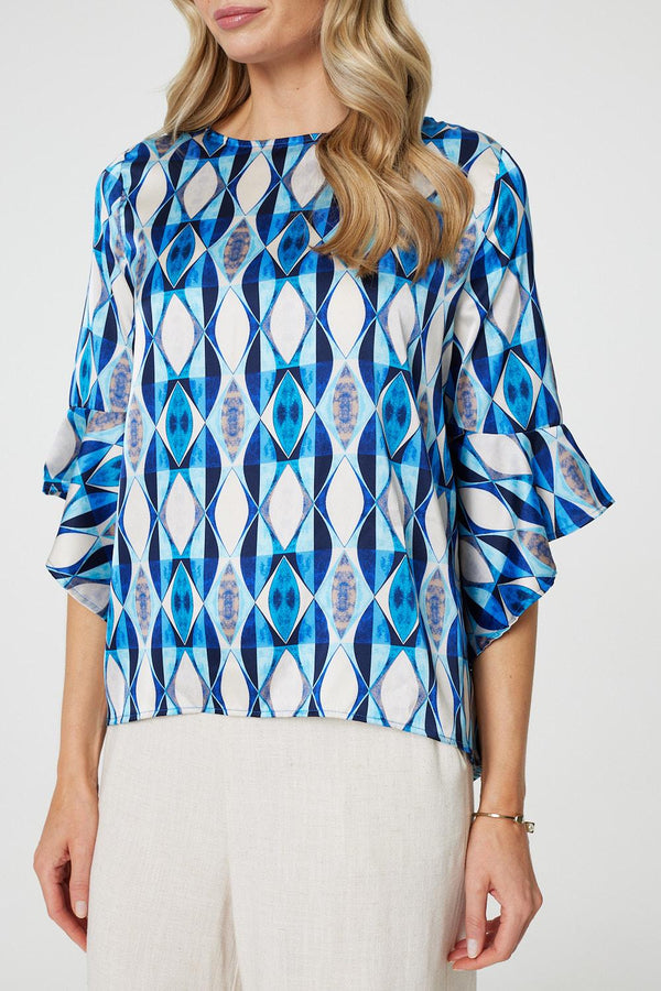 Blue | Geo Print 3/4 Flute Sleeve Curve Hem Blouse