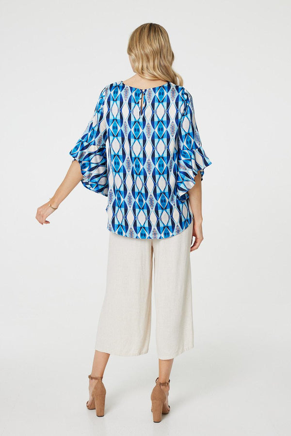 Blue | Geo Print 3/4 Flute Sleeve Curve Hem Blouse