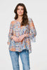 Blue | Printed 3/4 Flute Sleeve Blouse