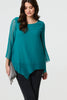 Green | Contrast Stitch Semi Sheer Hanky Hem Top
