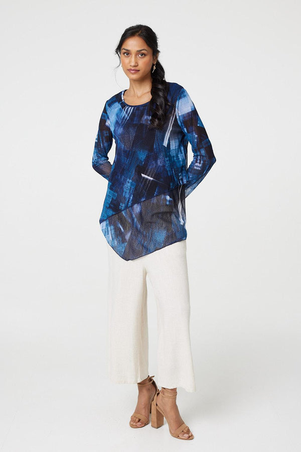 Navy | Printed Semi Sheer Asymmetric Tunic Top
