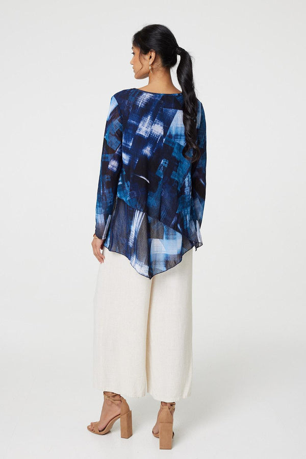 Navy | Printed Semi Sheer Asymmetric Tunic Top
