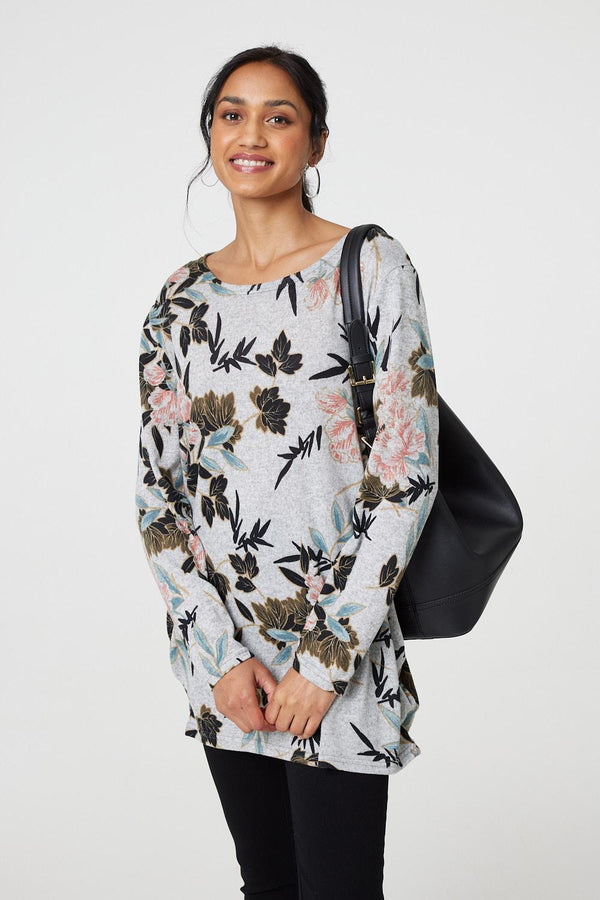 Grey | Floral Wide Neck Relaxed Long Sleeve Top
