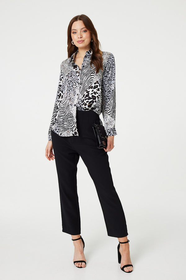 White | Animal Print Long Sleeve Button Up Shirt
