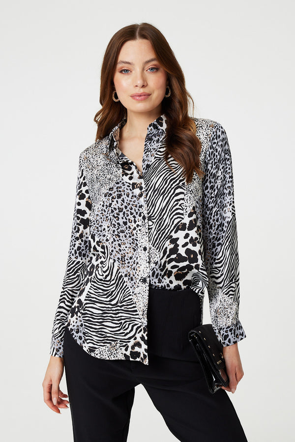 White | Animal Print Long Sleeve Button Up Shirt
