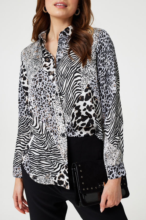 White | Animal Print Long Sleeve Button Up Shirt
