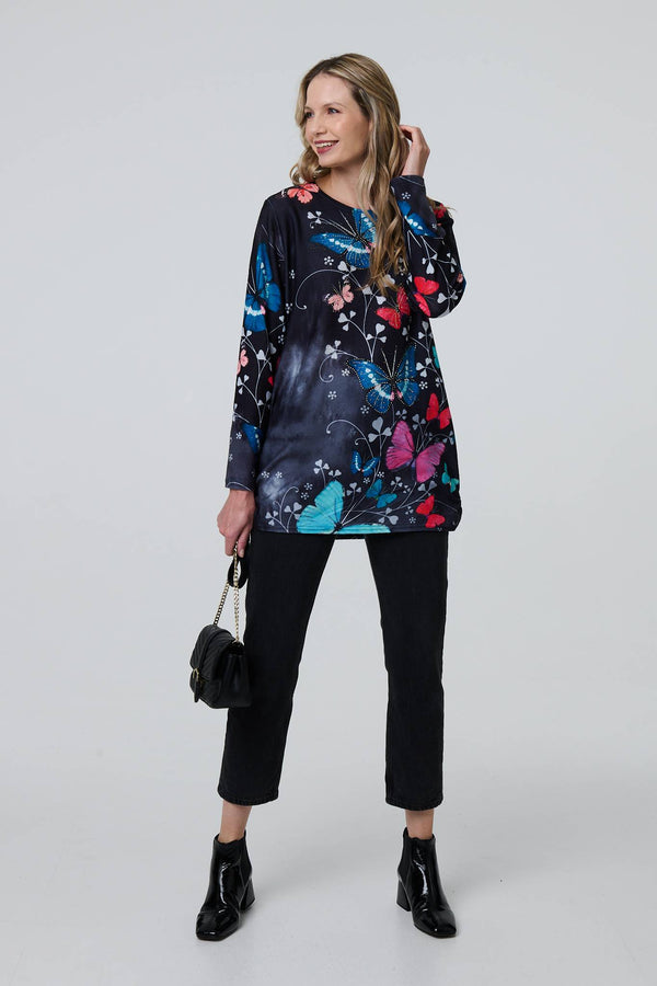 Blue | Butterfly Print Diamante Detail Tunic
