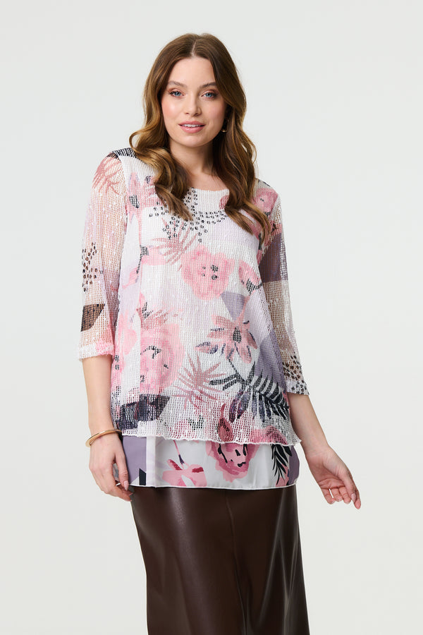 Pink | Abstract Print Mesh Layer 3/4 Sleeve Tunic
