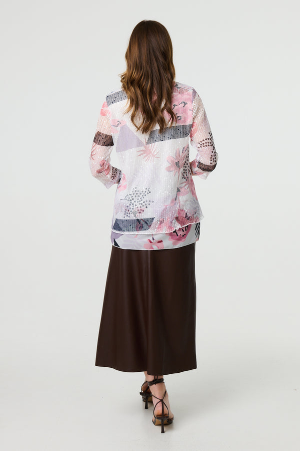 Pink | Abstract Print Mesh Layer 3/4 Sleeve Tunic
