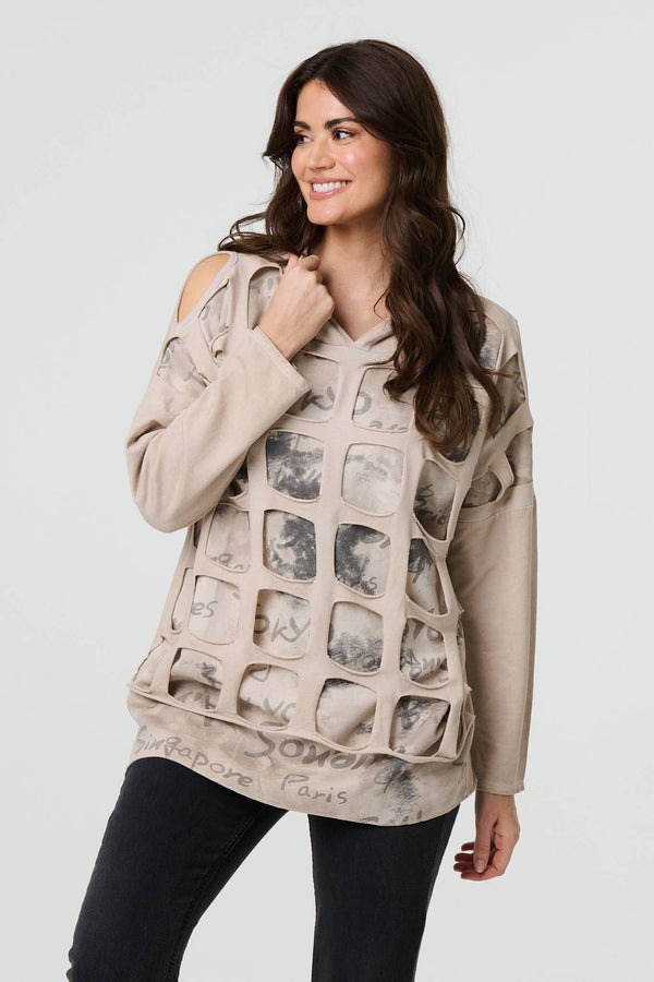 Beige | Graphic Print Cut Out Layer Hoodie
