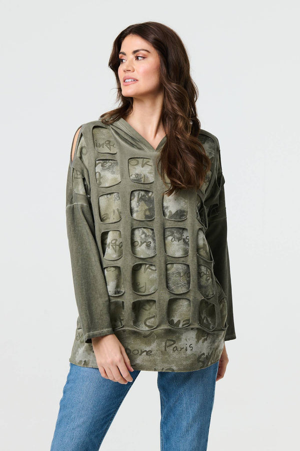 Khaki | Graphic Print Cut Out Layer Hoodie
