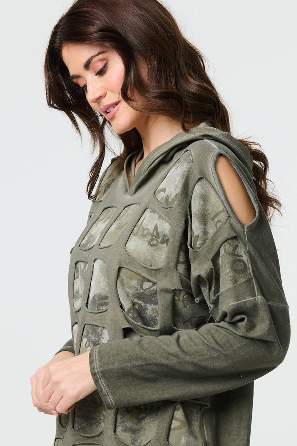 Khaki | Graphic Print Cut Out Layer Hoodie
