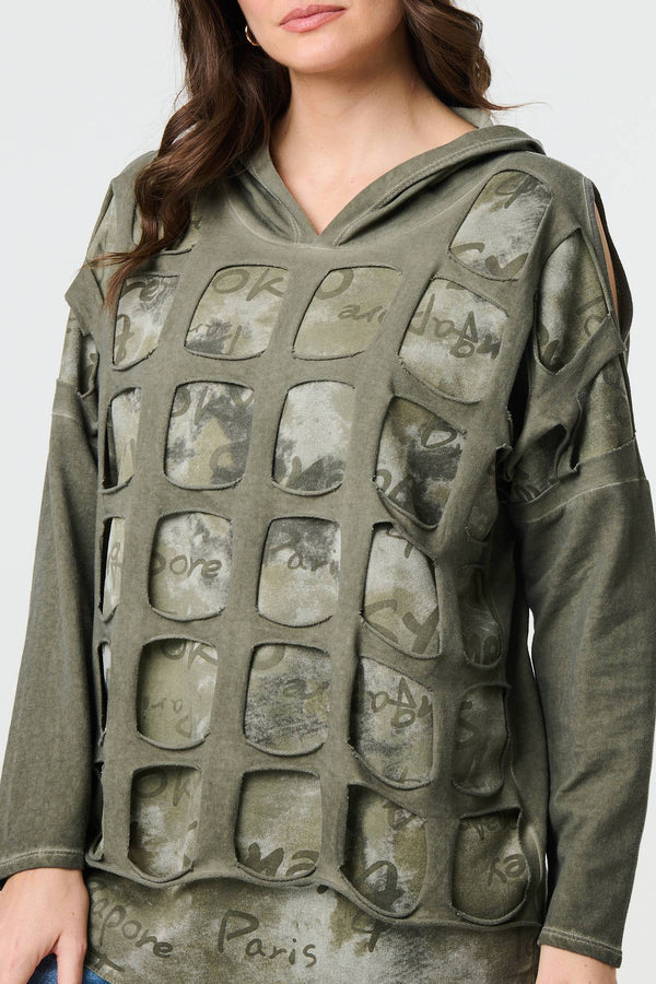 Khaki | Graphic Print Cut Out Layer Hoodie
