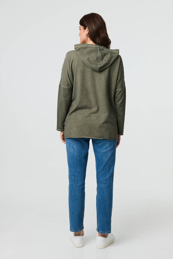 Khaki | Graphic Print Cut Out Layer Hoodie
