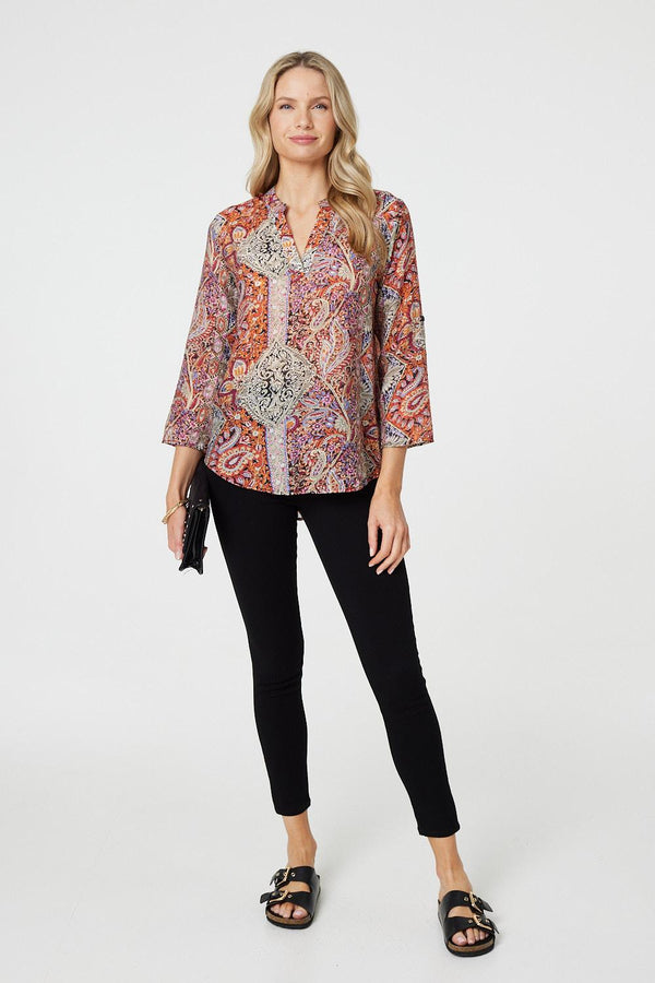 Pink | Paisley 3/4 Sleeve V-Neck Blouse