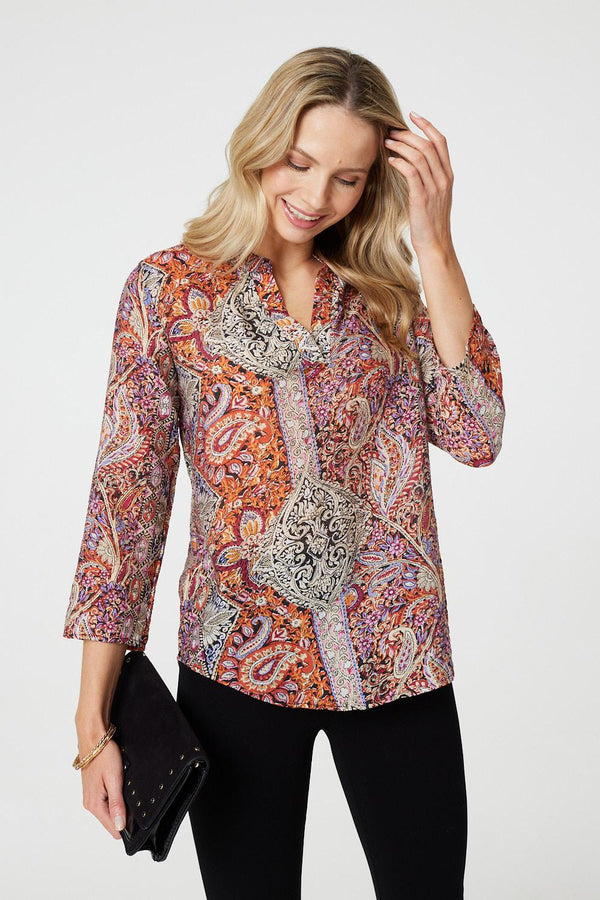 Pink | Paisley 3/4 Sleeve V-Neck Blouse