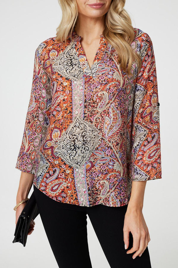 Pink | Paisley 3/4 Sleeve V-Neck Blouse