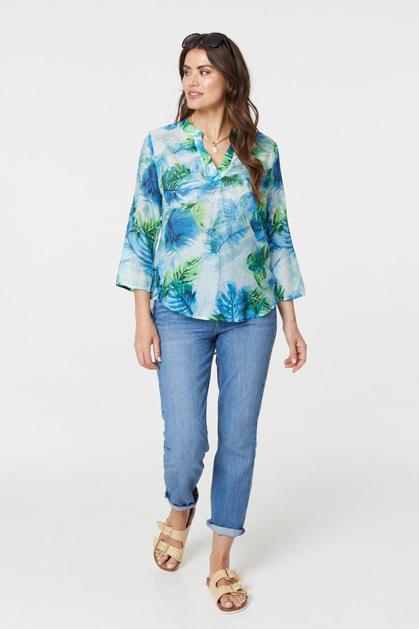 Blue | Tropical Print V-Neck 3/4 Sleeve Blouse